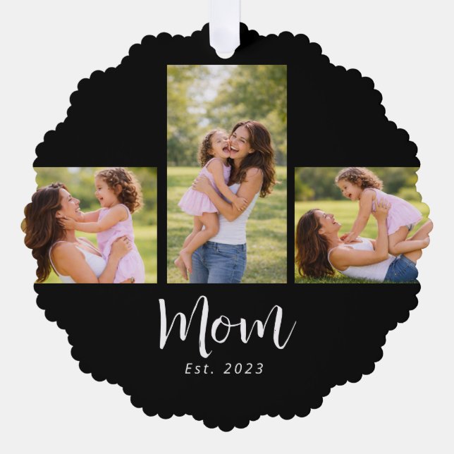 Mum Established Modern Script Black 3 Photo Tree Decoration Card (Front)