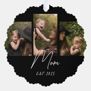 Mum Established Modern Script Black 3 Photo Tree Decoration Card