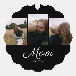 Mum Established Modern Script Black 3 Photo Tree Decoration Card