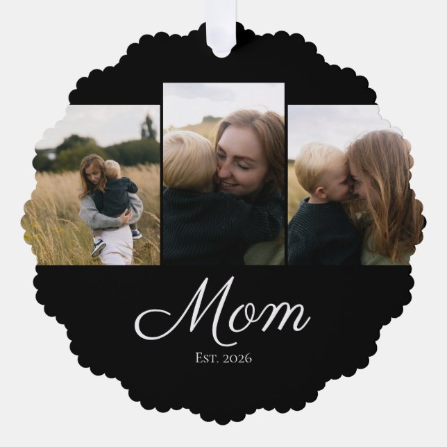 Mum Established Modern Script Black 3 Photo Tree Decoration Card (Front)
