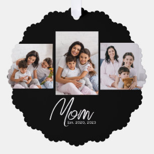 Mum Established Modern Script Black 3 Photo Tree Decoration Card