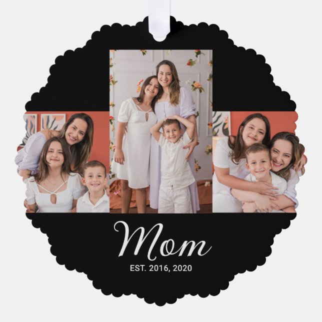 Mum Established Modern Script Black 3 Photo Tree Decoration Card (Front)