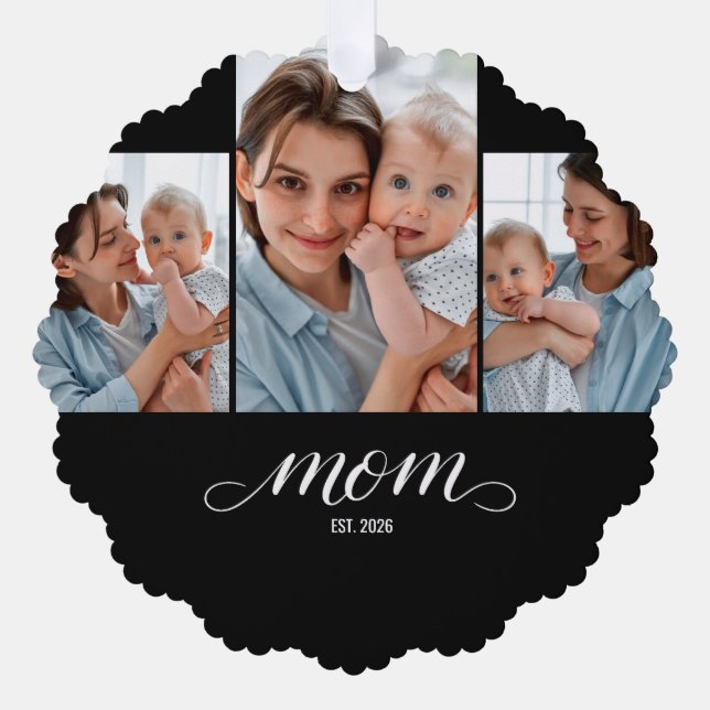 Mum Established Modern Script Black 3 Photo Tree Decoration Card (Front)