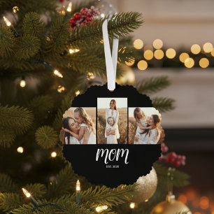 Mum Established Modern Script Black 3 Photo Tree Decoration Card