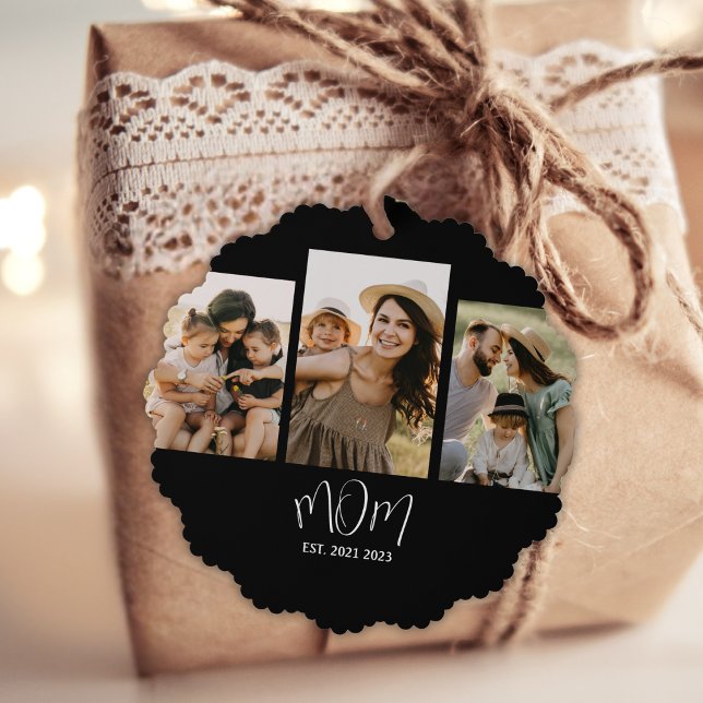 Mum Established Modern Script Black 3 Photo Tree Decoration Card (Creator Uploaded)