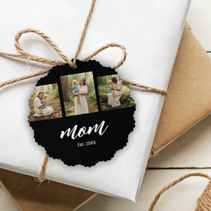 Mum Established Modern Script Black 3 Photo Tree Decoration Card