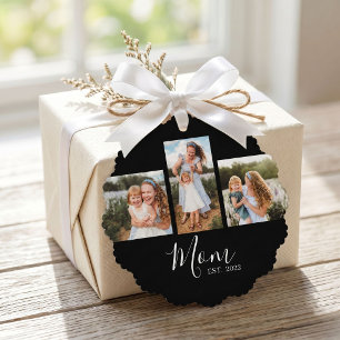 Mum Established Modern Script Black 3 Photo Tree Decoration Card