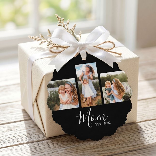 Mum Established Modern Script Black 3 Photo Tree Decoration Card (Creator Uploaded)
