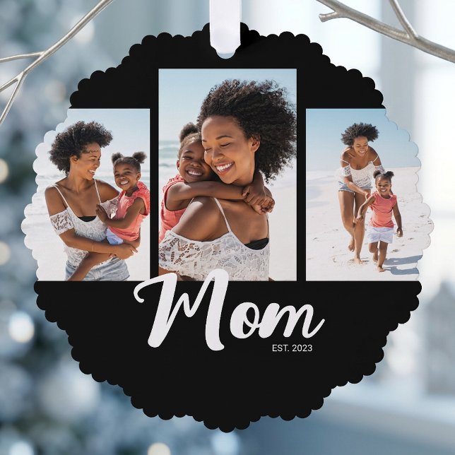 Mum Established Modern Script Black 3 Photo Tree Decoration Card (Mom Established Modern Script Black 3 Photo Ornament Card)
