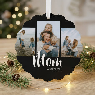 Mum Established Modern Script Black 3 Photo Tree Decoration Card