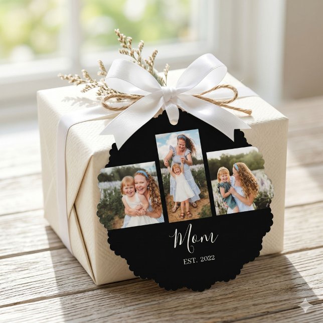 Mum Established Modern Script Black 3 Photo Tree Decoration Card (Creator Uploaded)