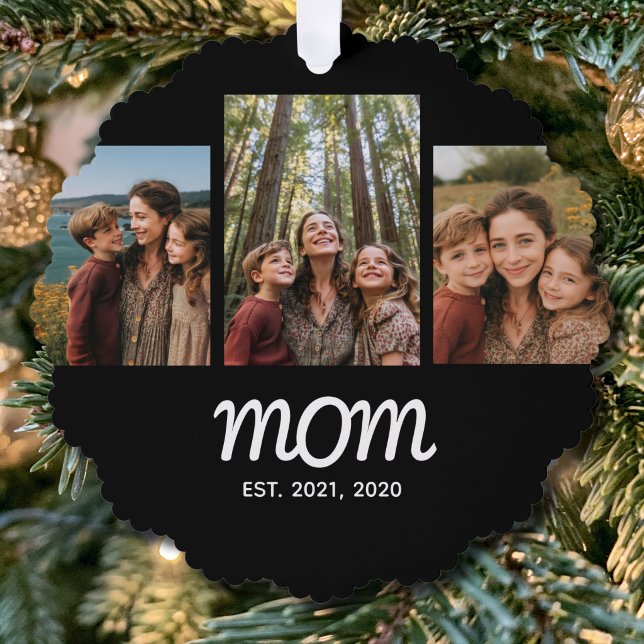 Mum Established Modern Script Black 3 Photo Tree Decoration Card (Creator Uploaded)