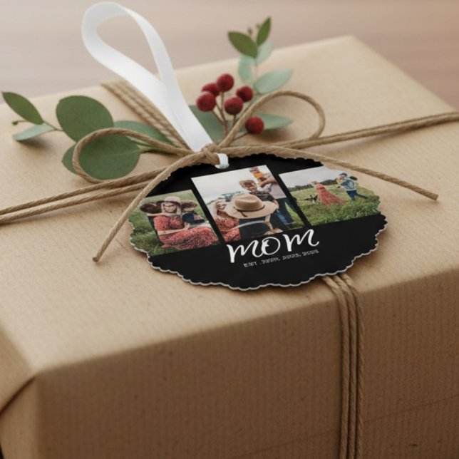 Mum Established Modern Script Black 3 Photo Tree Decoration Card (Creator Uploaded)