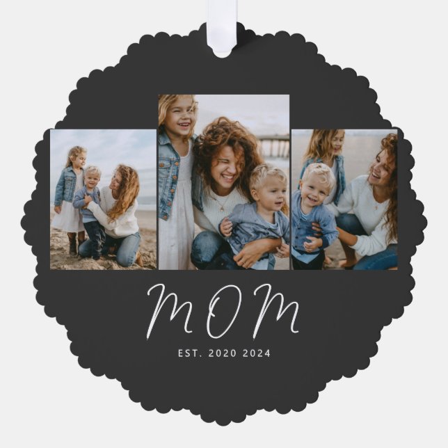 Mum Established Modern Script Black 3 Photo Tree Decoration Card (Front)