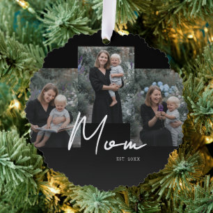 Mum Established Modern Script Black 3 Photo Tree Decoration Card