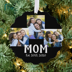 Mum Established Modern Script Black 3 Photo Tree Decoration Card