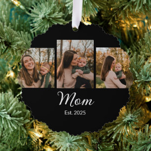 Mum Established Modern Script Black 3 Photo Tree Decoration Card