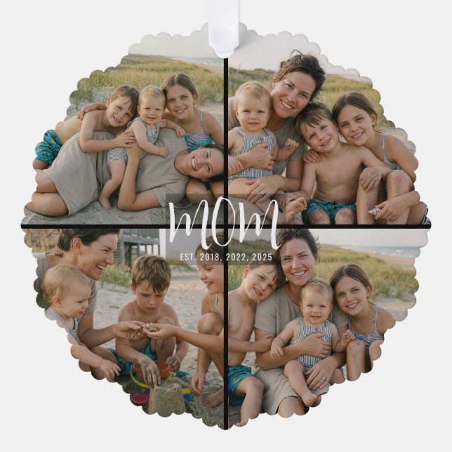 Mum Established Modern Script Black 4 Photo Tree Decoration Card (Front)