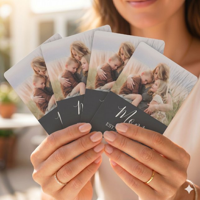 Mum Established Modern Script Black Photo Playing Cards (Creator Uploaded)
