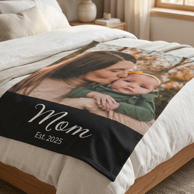 Mum Established Modern Script Photo Fleece Blanket (Creator Uploaded)