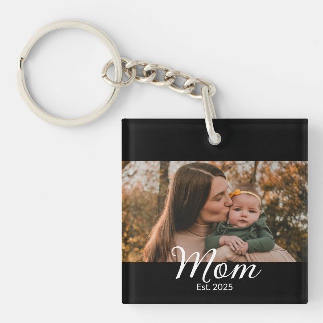 Mum Established Modern Script Photo Key Ring (Front)