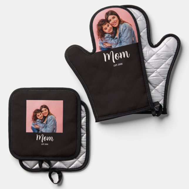 Mum Established Modern Script Photo Oven Mitt & Pot Holder Set (Front/Back)