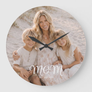 Mum Established Modern White Script Photo Large Clock