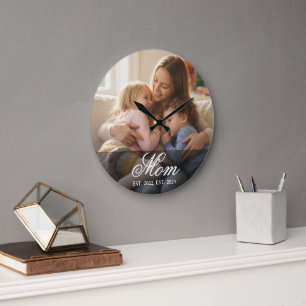 Mum Established Modern White Script Photo Large Clock