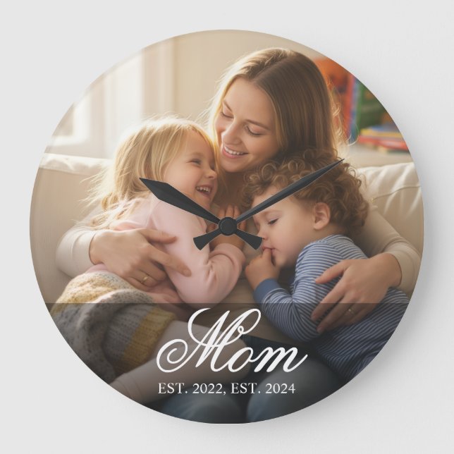 Mum Established Modern White Script Photo Large Clock (Front)
