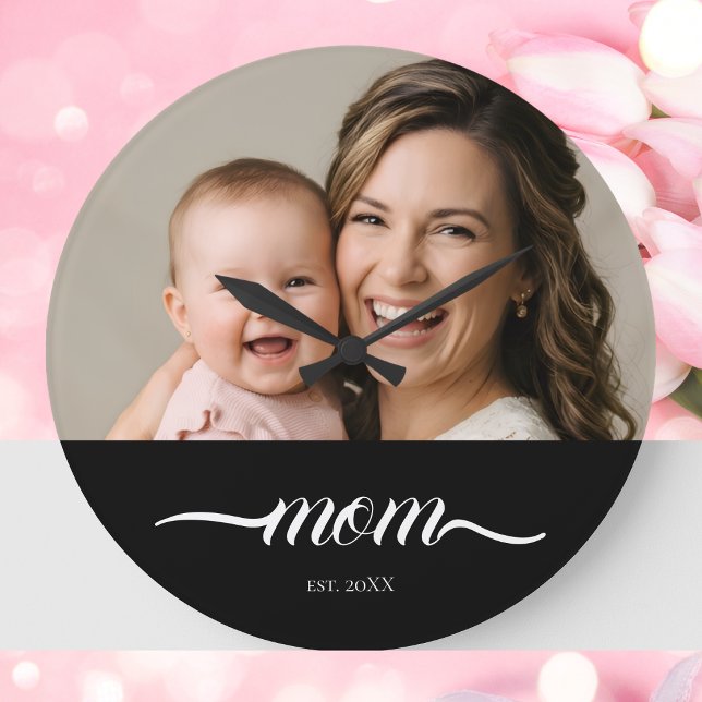 Mum Established Modern White Script Photo Large Clock (Creator Uploaded)