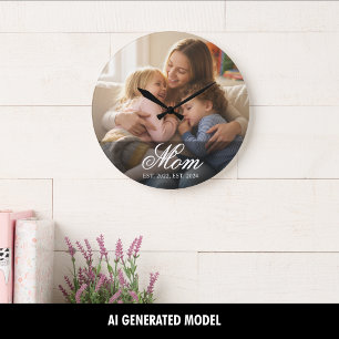 Mum Established Modern White Script Photo Large Clock