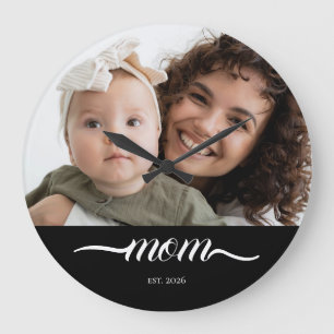 Mum Established Modern White Script Photo Large Clock