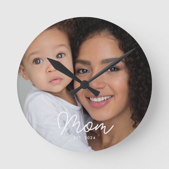 Mum Established Modern White Script Photo Round Clock (Front)