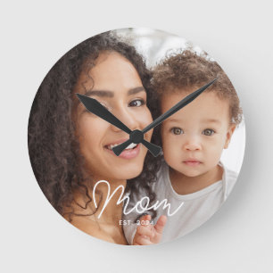Mum Established Modern White Script Photo Round Clock