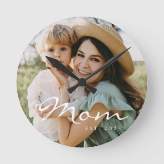 Mum Established Modern White Script Photo Round Clock