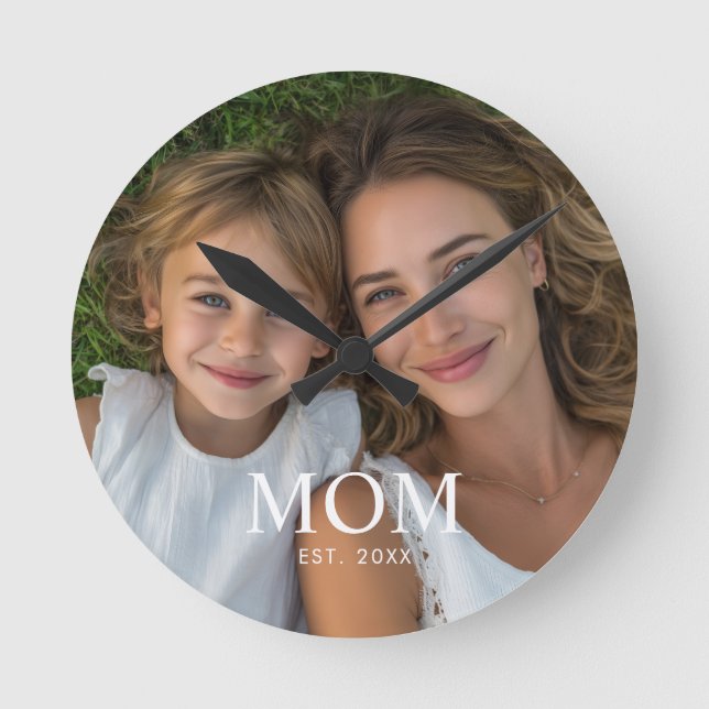 Mum Established Modern White Script Photo  Round Clock (Front)