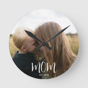 Mum Established Modern White Script Photo Round Clock