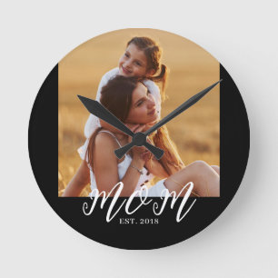 Mum Established Modern White Script Photo Round Clock
