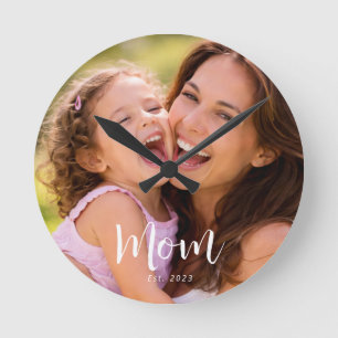 Mum Established Modern White Script Photo Round Clock
