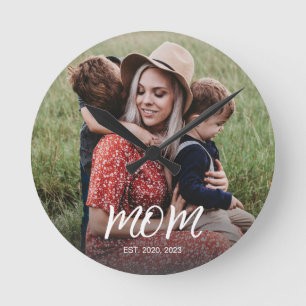 Mum Established Modern White Script Photo Round Clock
