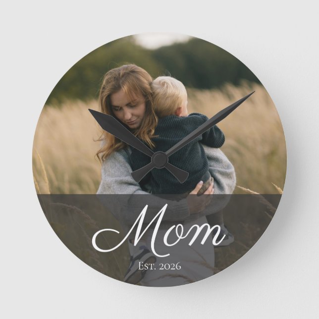 Mum Established Modern White Script Photo Round Clock (Front)