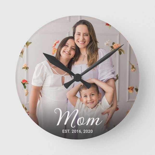 Mum Established Modern White Script Photo  Round Clock (Front)