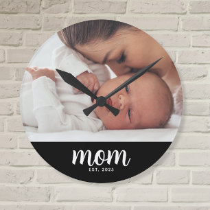 Mum Established Modern White Script Photo Round Clock
