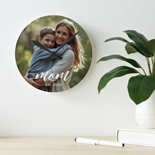 Mum Established Modern White Script Photo Round Clock