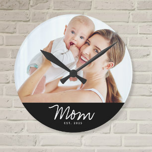 Mum Established Modern White Script Photo Round Clock