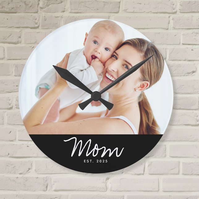 Mum Established Modern White Script Photo Round Clock (Creator Uploaded)