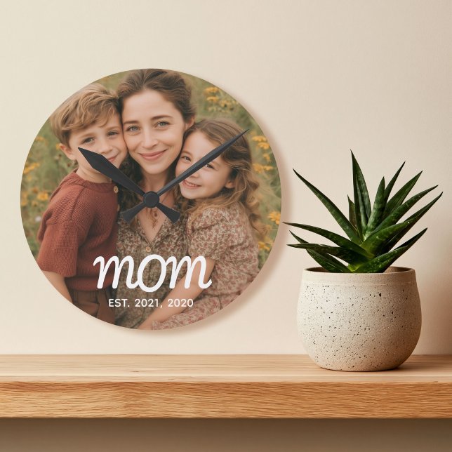 Mum Established Modern White Script Photo Round Clock (Creator Uploaded)