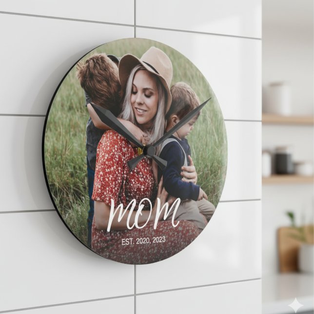 Mum Established Modern White Script Photo Round Clock (Creator Uploaded)
