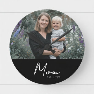 Mum Established Modern White Script Photo Round Clock