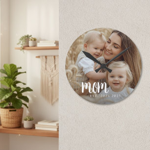 Mum Established Modern White Script Photo Round Clock